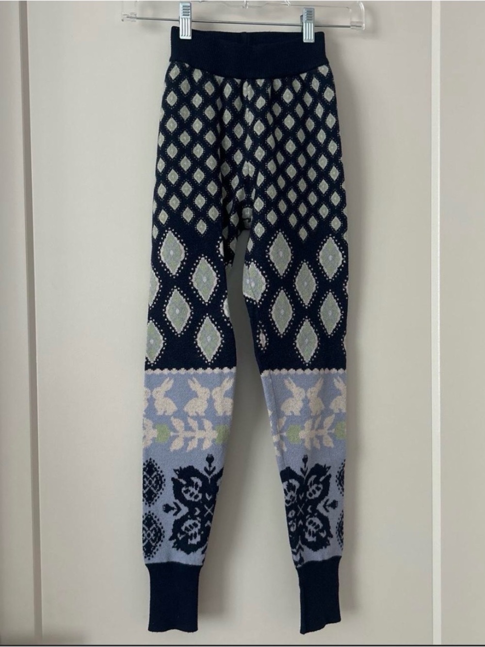Free People Navy and Light Blue Patterned Knit Leggings